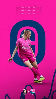 a woman kicking a soccer ball in front of a pink background with the letter g on it