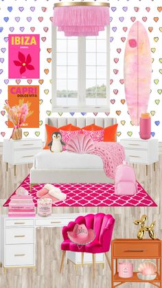 a bedroom with pink and orange decor on the walls next to a bed, chair, desk