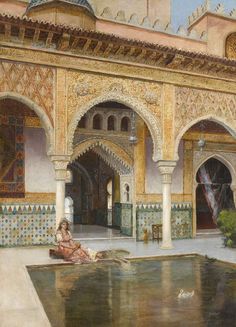 a painting of a woman sitting on the ground in front of a building with a fountain