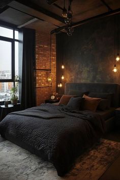 a bedroom with brick walls and lights on the headboard, along with a large bed