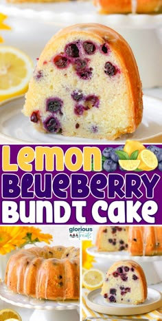 lemon blueberry bundt cake on a white plate with the title above it in purple