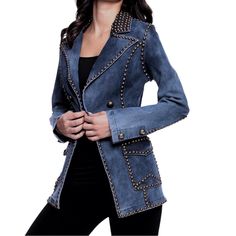 Adore Women's Small Studded Denim Blazer Jacket Nwt Blue Double Breasted Flap Pockets Brand New With Tags. Ladies Denim Jacket In A Blazer Cut With Gold-Tone Stud Details. See Pictures For Measurements. Comes From A Non-Smoking Home. Ships Quickly. Fall Medium Wash Blazer With Pockets, Winter Long Sleeve Dark Wash Blazer, Winter Dark Wash Long Sleeve Blazer, Trendy Medium Wash Denim Blazer, Winter Workwear Washed Blue Denim Jacket, Winter Washed Blue Denim Jacket For Work, Winter Washed Blue Denim Jacket For Workwear, Winter Long Sleeve Denim Blazer, Winter Blue Denim Blazer