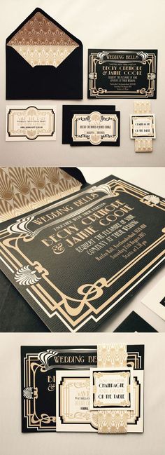 the wedding stationery is designed to look like an art deco - inspired design, with gold and black accents