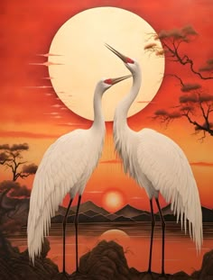 two white birds standing next to each other in front of a full moon and trees