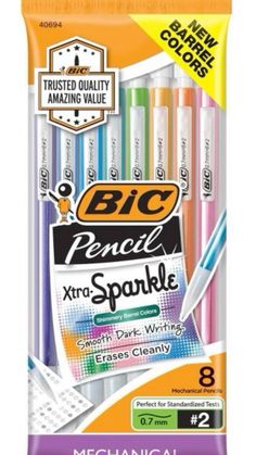 a pack of mechanical pencils with different colors and writing materials on it, including two pens