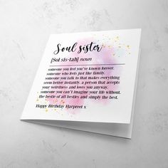 a card with the words soul sister on it and an image of watercolor splatters