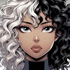 an illustration of a woman with curly hair and blue eyes, wearing a black top