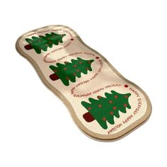 an oven mitt with christmas trees on the front and bottom, decorated with words