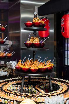 an assortment of food on display in a buffet