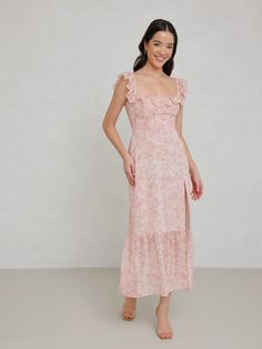 Renfrew Dress - Park & Fifth Clothing Co Wedding Guest Outfit Inspiration, Light Pink Wedding, Bridal Shower Outfit, Square Neck Dress, Ruffled Sleeves, Dark Forest, Tea Length