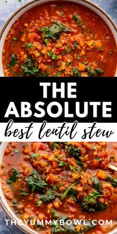 the absolute best lentil stew recipe with spinach and carrots in a white bowl