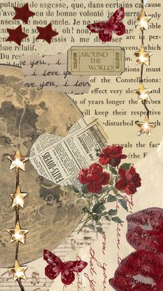 an altered collage with red roses and stars on it's side, along with the words i love you to the moon