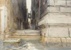 a watercolor painting of an alleyway with steps leading up to the building's entrance