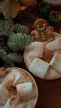 two plates filled with marshmallows and cinnamon on top of a wooden table