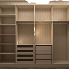 an empty closet with drawers and shelves on each side, in front of a white wall