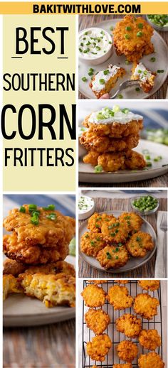 Collage pin featuring several images of the cooked and plated fritters as well as the corn fritters cooling on a wire rack. Banana Bread With Pineapple, Southern Corn, Cornbread Muffins Recipe, Cornbread Easy, Corn Dishes, Fried Corn