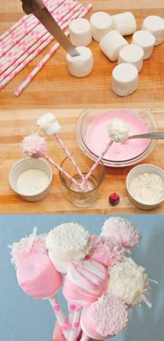 there are some cake pops and marshmallows on the table with pink icing