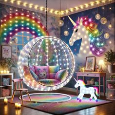 a room decorated with lights and a unicorn in the mirror