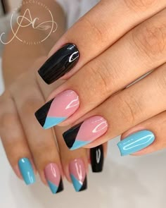 French Tip With Nail Art, Nails Design Blue, Nails Art Summer, Blue And Pink Nails, Summer Nails Art, Nagellack Trends, Blue Acrylic Nails