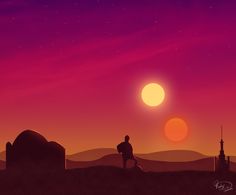 a man standing on top of a hill under a purple and orange sky with the sun in the background