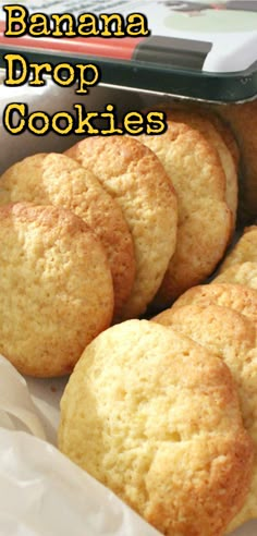 banana drop cookies in a baking tin with the words, how to make banana drop cookies