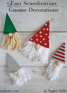 three gnomes made out of yarn and wooden pegs with text overlay that says easy scandinavian gnome decorations