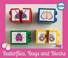 four colorful magnets with pictures of bugs and butterflies on them in the shape of blocks