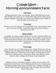 the college week morning announcement is shown in black and white