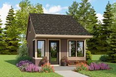 the small house is made out of wood and has windows on each side, along with a porch