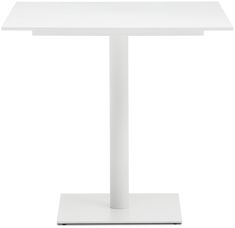 a white square table with a pedestal on the top and bottom, in front of a white background