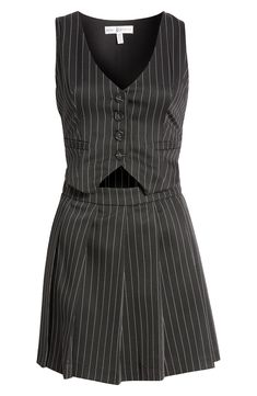 A cutout at the waist lends a faux two-in-one illusion to this pinstriped minidress designed with a playfully pleated skirt. 34" length (size medium) Front button closure; hidden side-zip closure V-neck Sleeveless Front welt pockets Lined 100% polyester Hand wash, line dry Imported Outfits Extra, London Fits, Comfy Sets, Future Outfit, Baddie Outfits, Nordstrom Dresses, Welt Pockets, Pleated Skirt, Side Zip