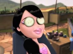 a cartoon girl with cucumbers on her eyes