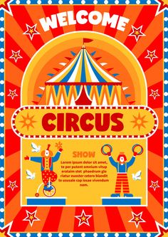 an circus poster with clowns and circus tent in the background, for children's entertainment