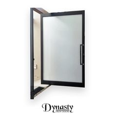 an open door with the words dymasty written in black and white on it