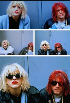 four different shots of the same person with red hair and sunglasses, wearing black leather jackets