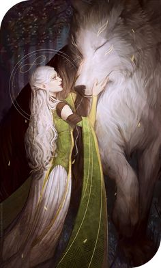 a painting of a woman and a wolf with long white hair standing next to each other