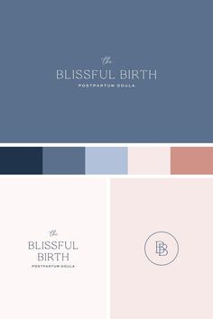 the blissful birth logo is shown in blue, pink and grey colors with white lettering