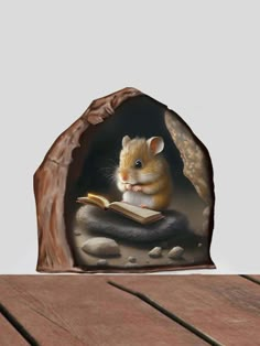 a little mouse reading a book on top of a wooden table next to a rock