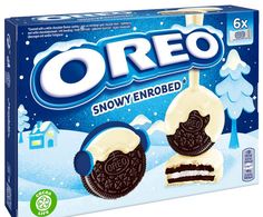 oreo snow - enrobed cookies are on display in front of the box