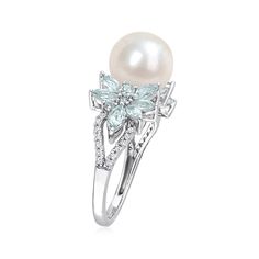 Ross-Simons - 9-9.5mm Cultured Pearl, 1.10ct t. w. Aquamarine Ring, .13ct t. w. Diamonds. Size 9. Scintillating with ice-blue sparkle, this gorgeous ring bestows a heavenly glow. A large and supple 9-9.5mm cultured freshwater pearl casts its signature luster, not to be outdone by dazzling cluster-style sides studded with 1.10 ct. t. w. round and marquise aquamarines and .13 ct. t. w. round brilliant-cut diamonds. Finely crafted in polished 14kt white gold. 3/8" wide. Diamond, aquamarine and white pearl ring. Pearl birthstones are the perfect gift for June birthdays. White Pearl Ring, Pearl Birthstone, Blue Sparkles, Aqua Marine, Aquamarine Rings, Ice Blue, Pearl Ring, Round Brilliant Cut Diamond, Cultured Pearls