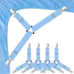 six blue suspenders are attached to the back of a chair