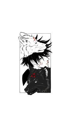 two black and white wolfs with red eyes, one is hugging the other's head