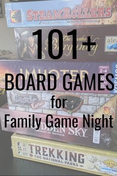 a stack of board games for family game night with text overlay reading 1011 board games for family game night