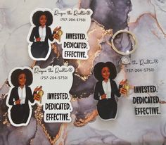 several stickers depicting different women in business attire on a marble background with gold foil