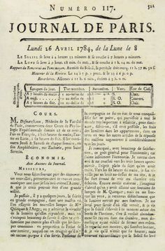 an old book with black ink on the page and writing in french, which reads journal de paris