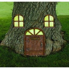 a tree house with two windows and a door in the middle of it's trunk