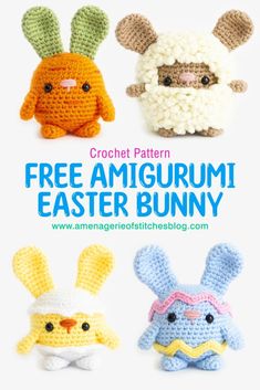 crochet pattern for an amigurmi easter bunny with four different colors and sizes