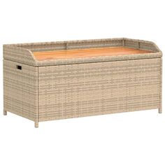 an outdoor wicker storage box with wood top and lid in beige color, isolated against a white background