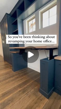 an empty room with blue cabinets and a white sign that says, so you've been thinking about reamping your home office