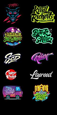 various stickers that are on the side of a black background, with different colors and font